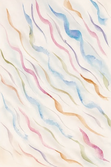 Brisa: traços ondulados de aquarela em turquesa, azul, rosa, lilás, ocre e sálvia