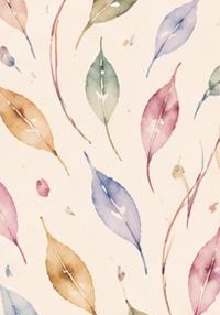 Raiz: folhas soltas em aquarela, em sálvia, rosa, azul e ocre sobre fundo claro